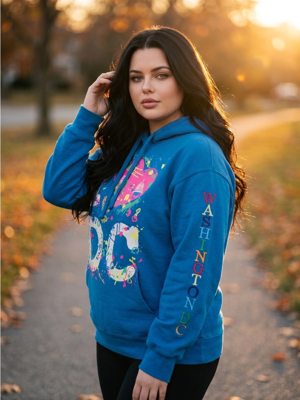 Teal 'I ♥ DC' Graphic Hoodie with Neon Paint Splatter & Embroidery on sleeve